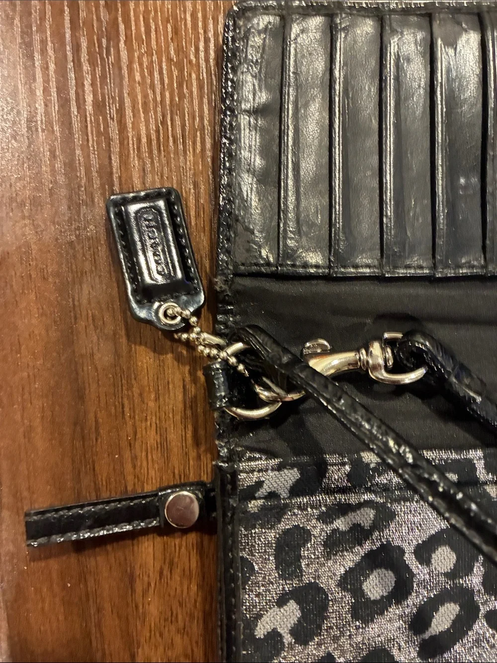 Coach Leopard Print Wristlet Clutch in Silver and Black